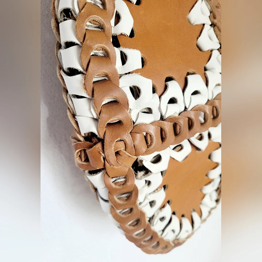 Genuine Braided Leather Boho Chic Hobo Bag Two-Tone Cognac/White